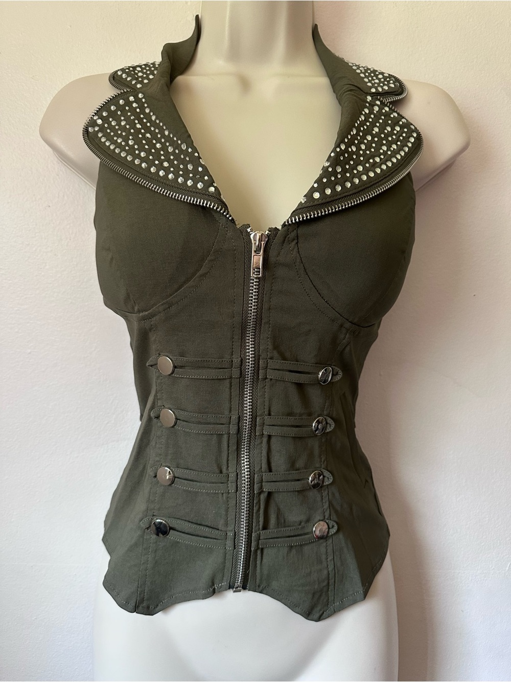 Stud-Trim Olive Halter Zip Front Corset Top
